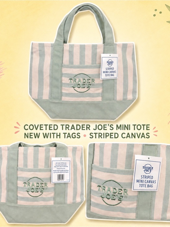 Trader Joe'S Handbags - Trader Joe’s Striped Mini Canvas Tote - Sage Green & Cream